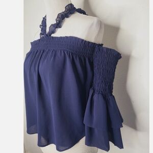 MISA Los Angeles Navy Off-Shoulder Ruffle Top Size Small New with Tags